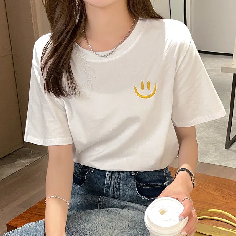 

Летние хлопковые футболки для девочек, футболка с коротким рукавом и вышивкой в виде улыбки, женские свободные простые футболки с круглым вырезом, футболки