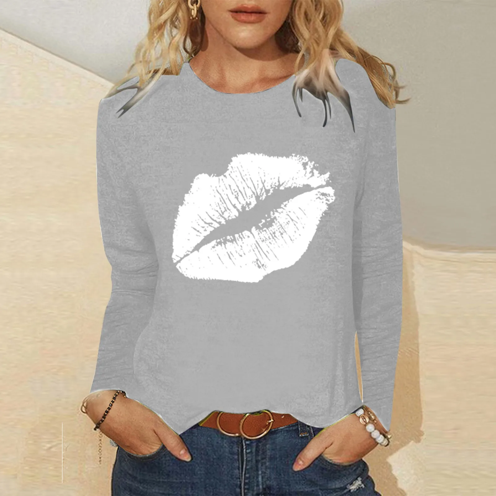 Футболка женская с длинным рукавом Приталенный топ принтом скелета губ и круглым