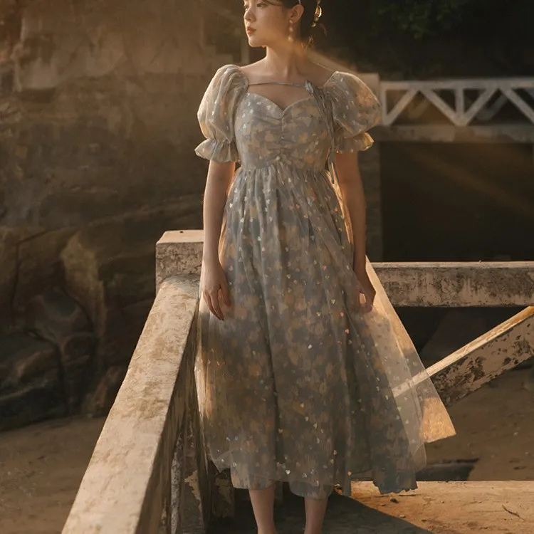 

Женское винтажное платье с квадратным вырезом, коротким рукавом и буффами