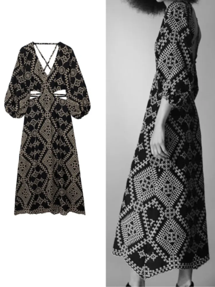 

Женское платье с вышивкой RDMQ, Летнее Длинное Платье до середины икры с V-образным вырезом, рукавами-фонариками три четверти и открытой спиной, 2023