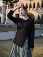dushu slightly fat lady round neck collar full drop sleeve t shirts straight casual shirts office lady slit design solid tops