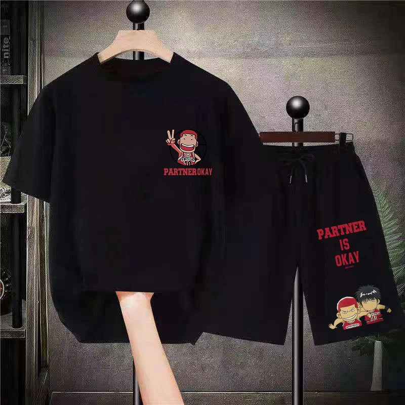 Summer Slum Dunk Men 2 Pieces Set Women Anime Tracksuit T Shirt and Shorts Sets Cotton T-Shirts Korean Style Oversized Print Tee