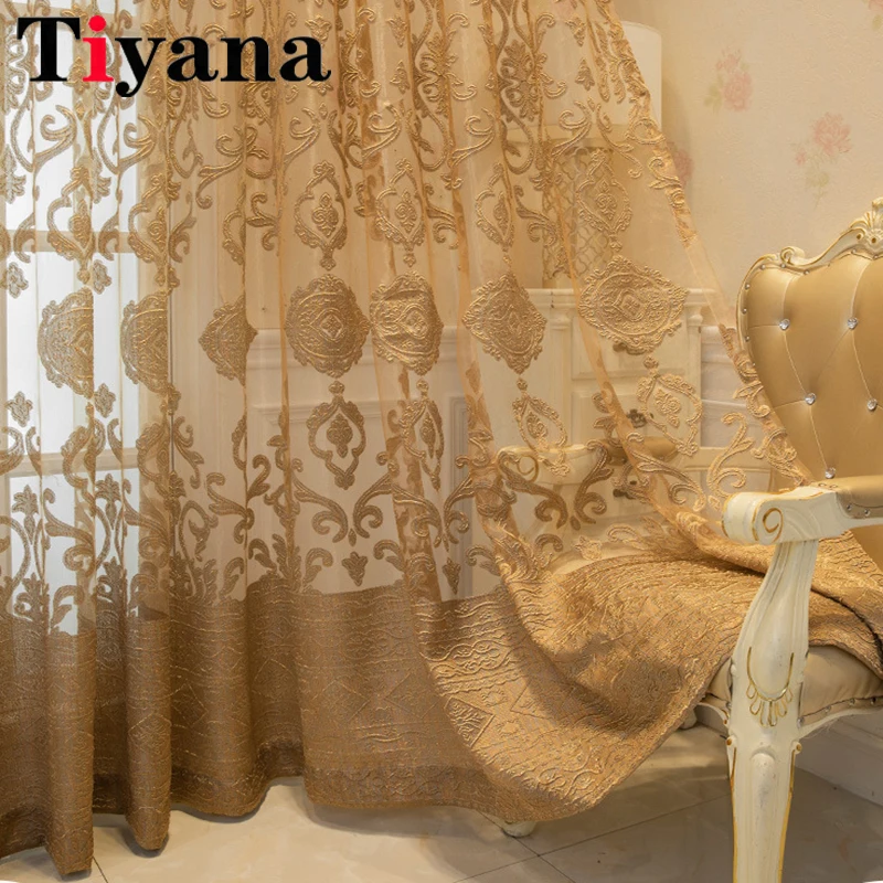 

Gold Jacquard Design Curtains Sliding Glass Door Openwork Vintage Voile Window Decorations Custom Curtains For Bedroom Tulle