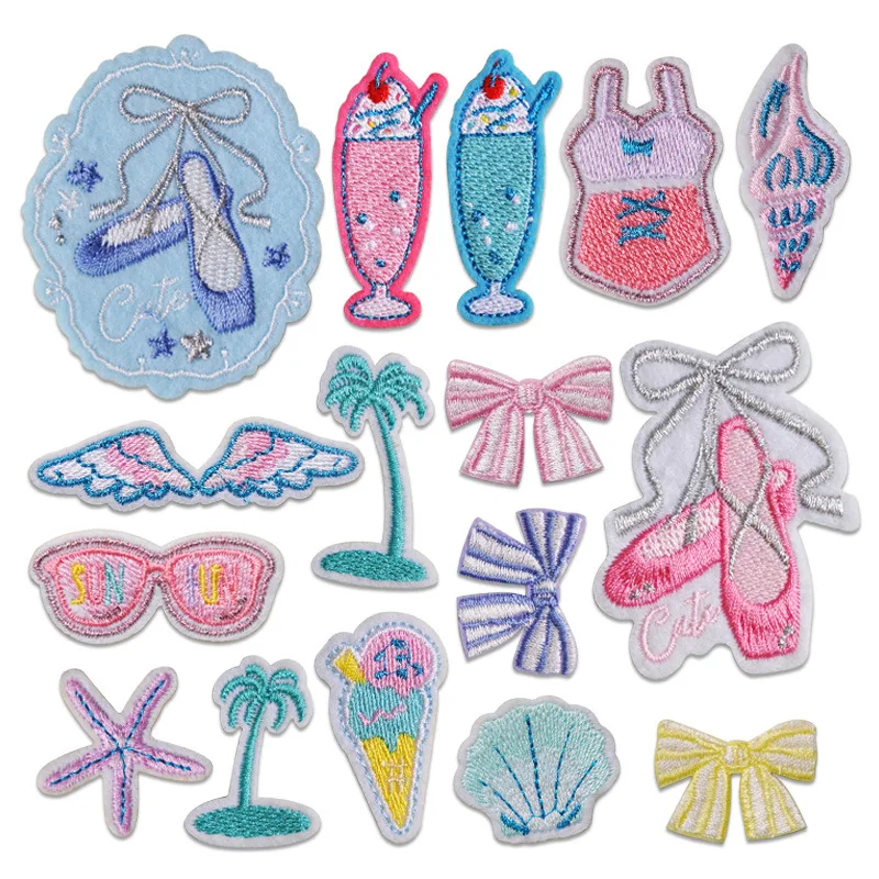 Stick-on Girly Patches Dancing Shoes Bow Swimsuit Icecream Cute Embroidered Appliques for Clothing Mini Cloth Stickers Wholesale