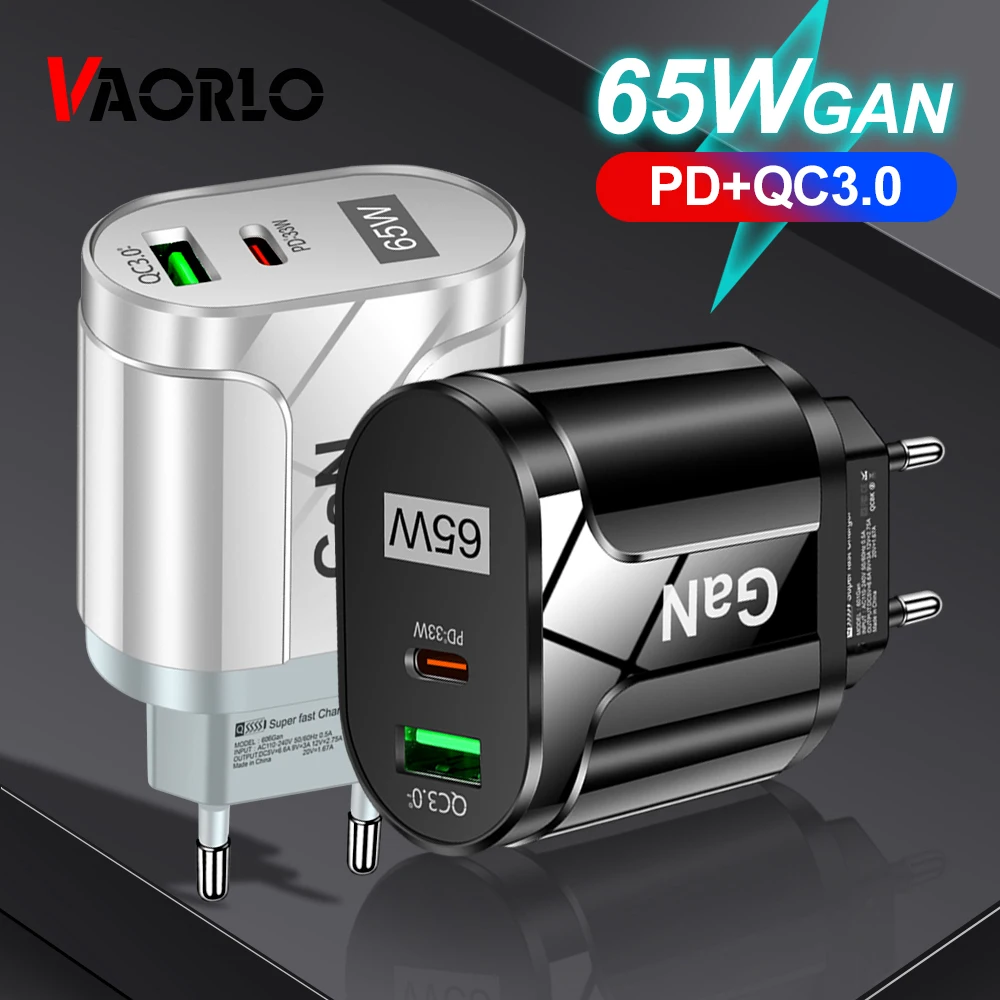 

Зарядное устройство VAORLO 65 Вт, сетевое зарядное устройство PD QC3.0, быстрое зарядное устройство для путешествий с портом EU US UK