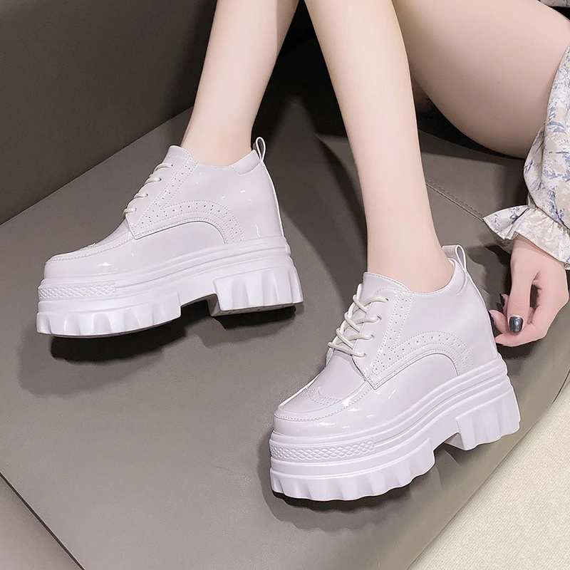

Women's Leather Chunky Shoes High Platform Sneakers 10.5CM Wedge Heels Female Casual Shoes Autumn Thick Bottom Slip-on Shoes