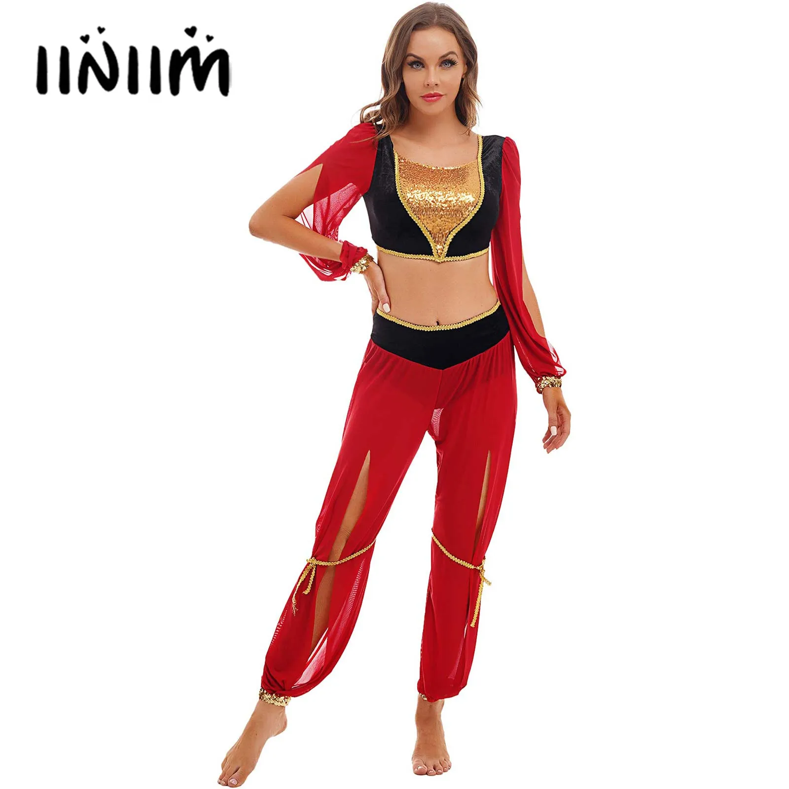 

Womens Fairytale Lamp Cosplay Outfit Role Dress Up Suit Shiny Sequin Gold Trim Splitted Crop Tops and Pants Halloween Costumes