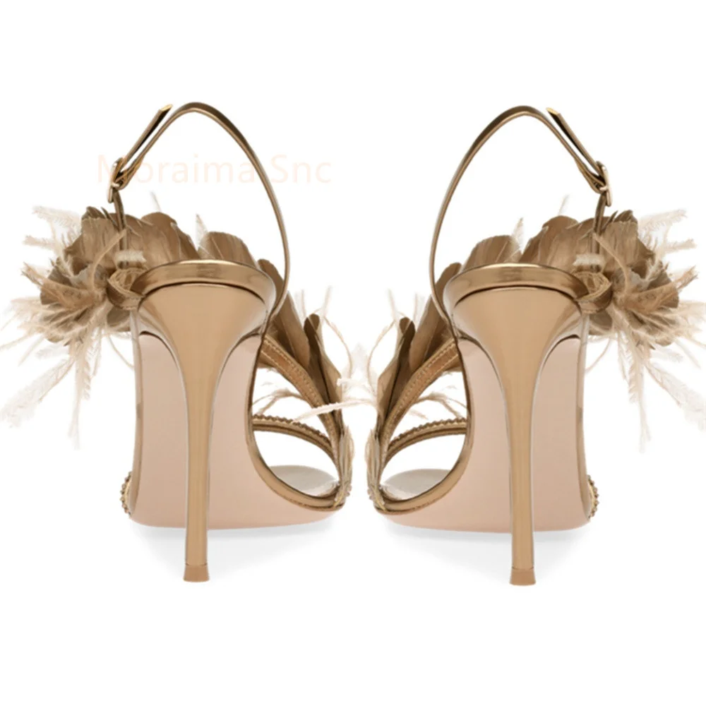 Summer Women Sandals Thin High Heel Comfortable Sexy Sweet Solid Feather Open Toe Dance Party Shoes Ladies