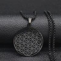 flower of life stainless steel necklace chain womenmen long black color necklaces pendants jewelry colgante n429s08
