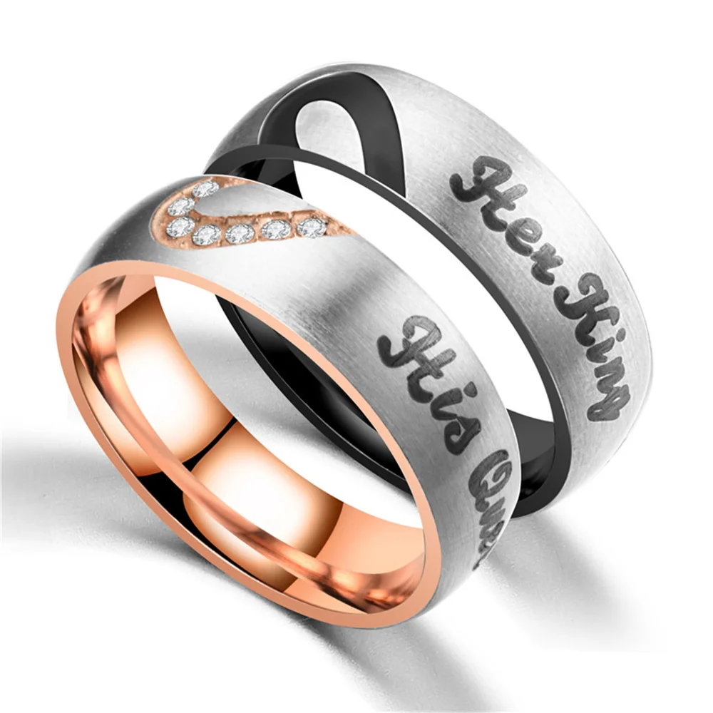 

Romantic Couple Love Heart Ring Stainless Steel Her King & His Queen Engagement Wedding Rings for Lovers Promise Jewelry Gift