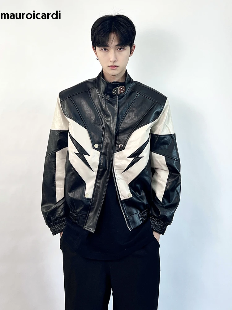 

Mauroicardi Spring Autumn Short Apricot and Black Patchwork Pu Leather Jacket Men Zipper Stand Collar Luxury Designer Clothes