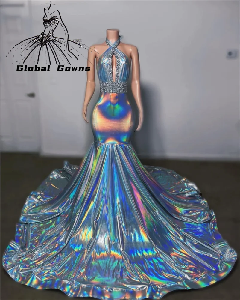 

Sparkly Halter Long Prom Dresses For Black Girls 2022 Appliques Evening Dress Mermaid Birthday Party Gowns Robe De Bal