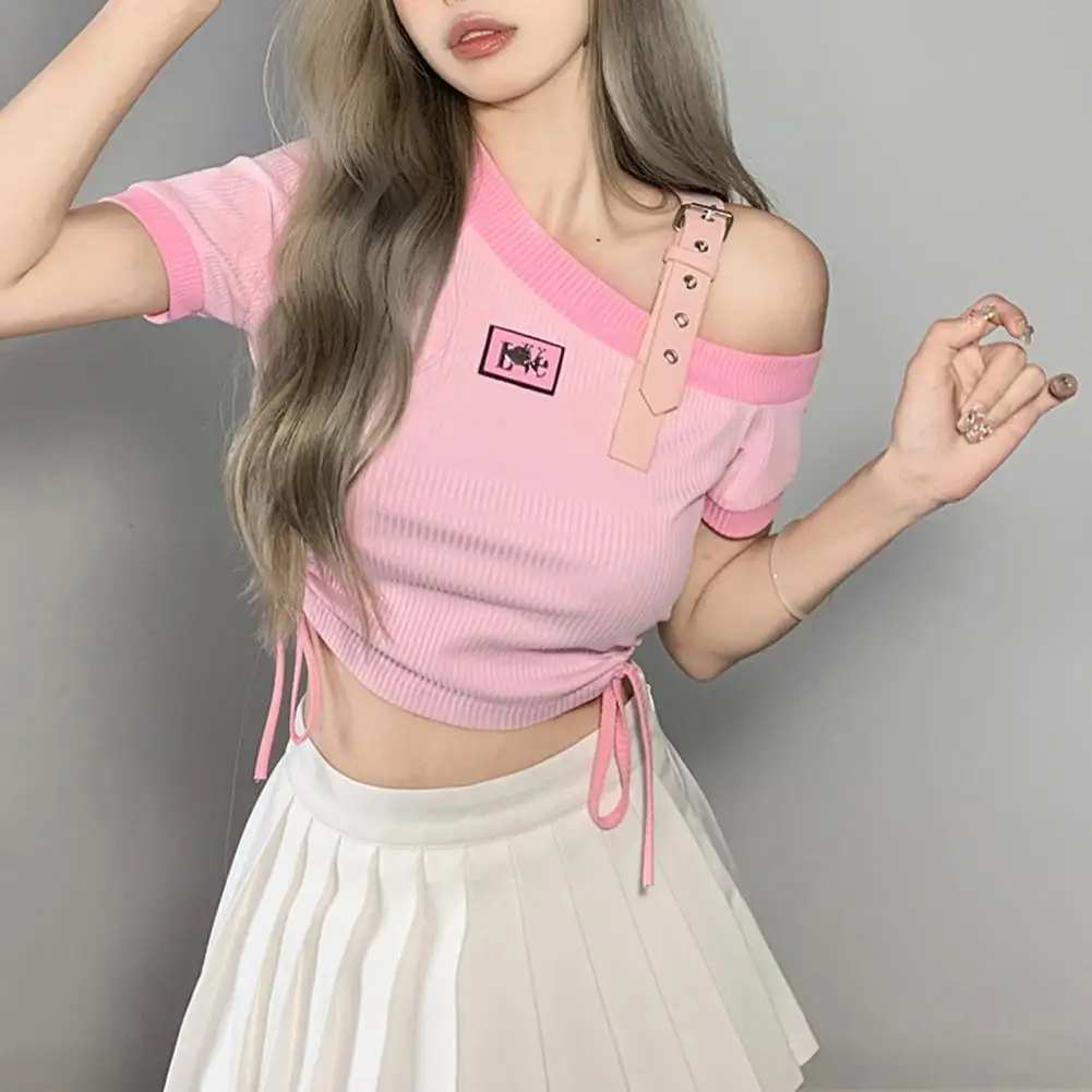 

Charming Women Blouse Ribbed Sweat Absorbing Pullover T-shirt Skew Collar Exposed Navel Pullover T-shirt