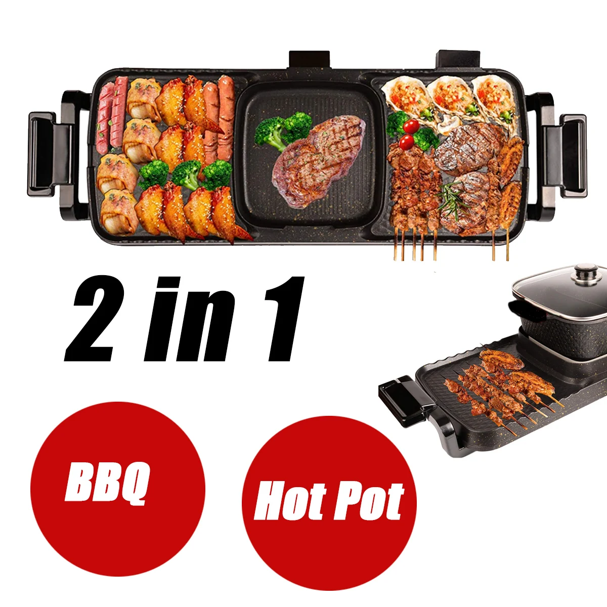 

2in1 Electric BBQ Pan Grill Hot Pot 2700W Multifunction Home Portable Smokeless Nonstick Detachable Hot Pot Barbecue Plate
