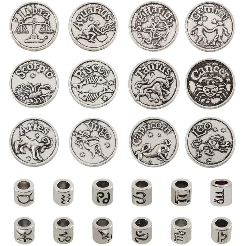 

24 Pcs Antique Silver Tone Zodiac Beads Charm 4.5mm Hole Horoscope Beads Fit European Bracelet