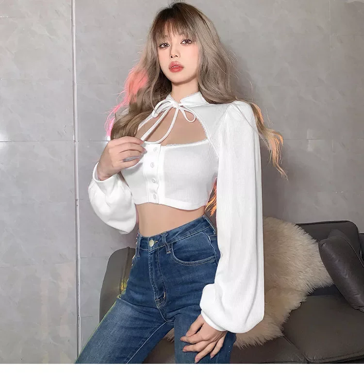 

Free shipping Elegant Pure Color Simple Generous Elastic Comfortable High Street crop hollow out y2k puff sleeve knitted sweater