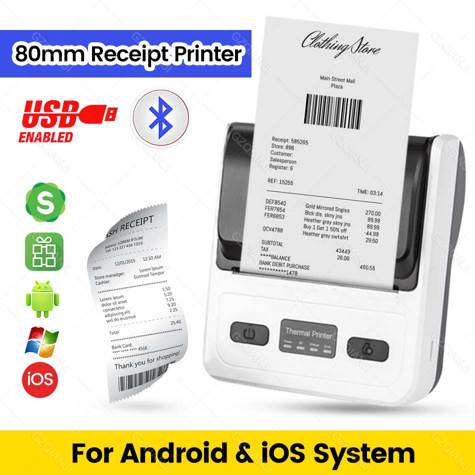 

3 Inch Portable Thermal Printer Mini 80mm Receipt Printers Wireless Bluetooth With POS Machine System Bill Makers Impresora