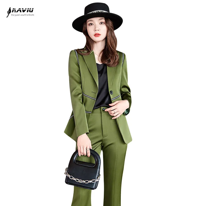 

Naviu 2022 Fashion Flare Pants Suit For Women High Quality Office Wear Formal Blazer and Trousers Two Pieces Set