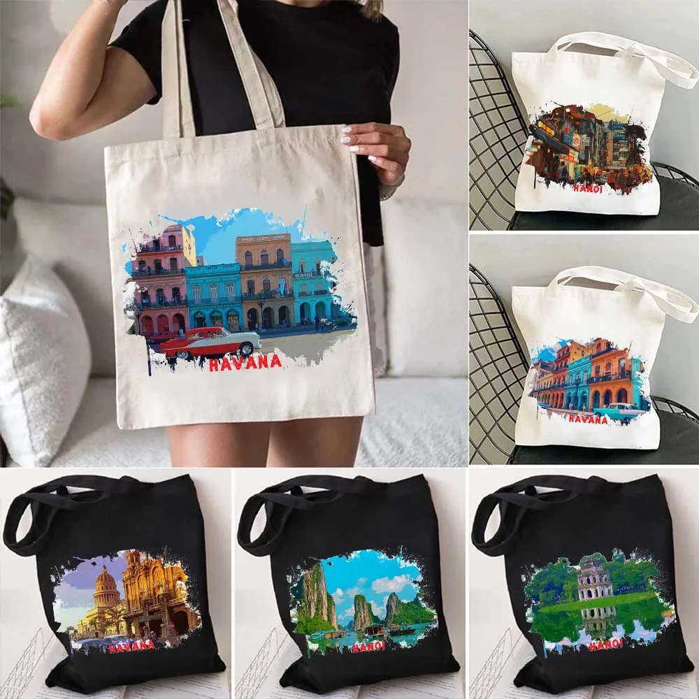 

Hanoi Vietnam Havana Cuba Landscape City Sights Watercolor Ink Painting Shoulder Canvas Cotton Tote Bag Harajuku Shopper Handbag