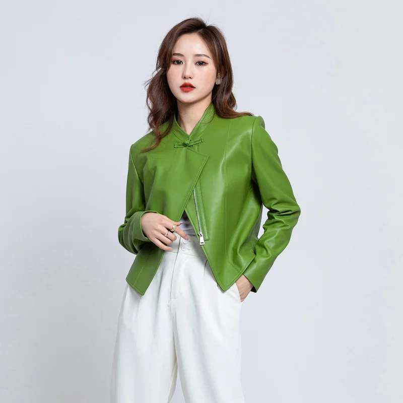 

Кожаная куртка на весну и осень женская повседневная короткая молния в китайском стиле с винтажной пряжкой тонкая куртка из натуральной овечьей кожи