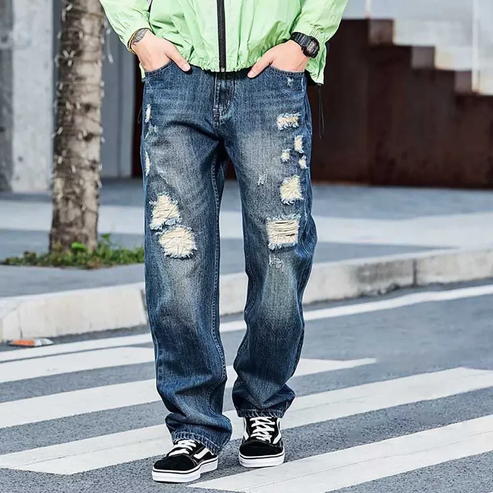 Модные рваные мешковатые джинсы Мужские повседневные Прямые брюки уличная
