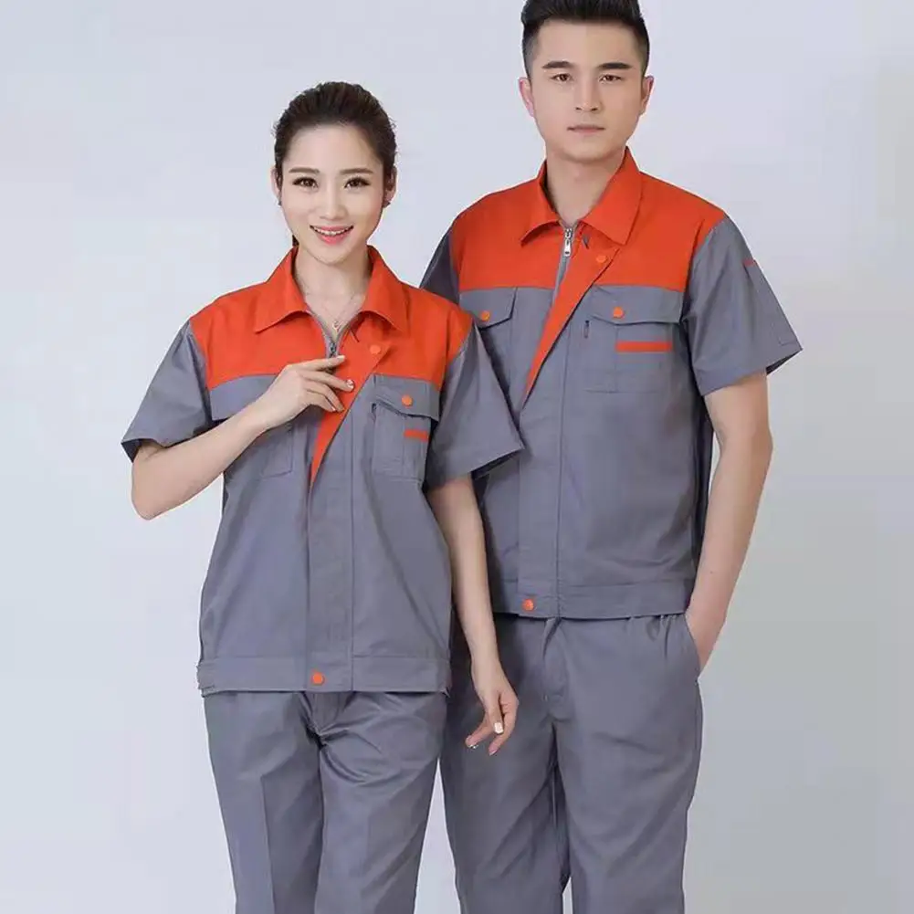 

2022 Summer Work Clothes Men Women Set1 Set Work Clothes Color Block Lapel Summer Moisture Wicking Working Coveralls for Factory