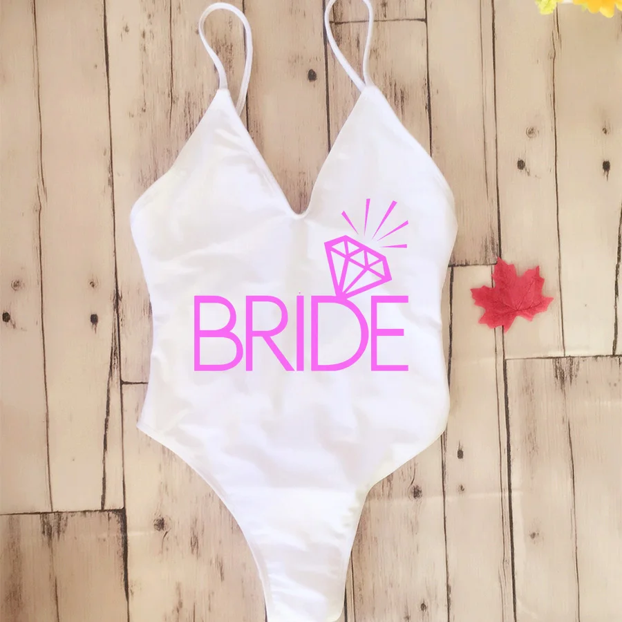 

Pad Padded Sexy One Piece Team Bride Swimsuit Female Women Fused Swimwear Backless White Team BRIDE Bather Monokini Bikini