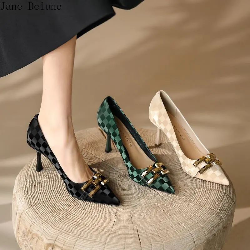 

Concise High Heels Shoes Women's 2022 Stiletto Plaid Chain Decor Ladies Pointed Toe Pumps