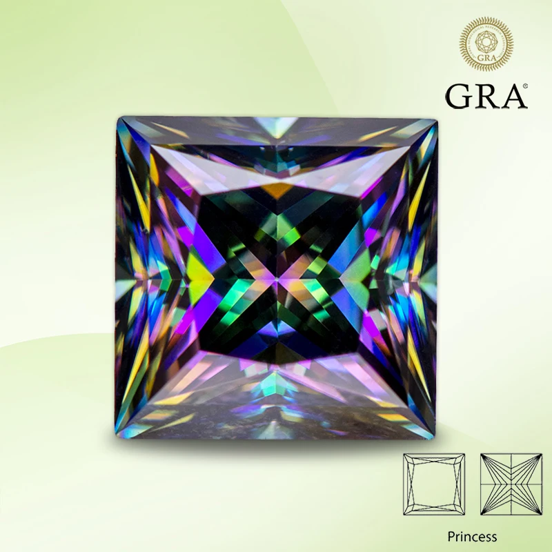 Муассанит Драгоценный камень Огранка принцессы Радуга Зеленый Цвет Лаборатория