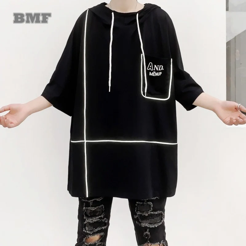 

Summer Fashion Dark Series High Street Hooded Short Sleeve T-Shirts Reflective Strip Loose Oversized Top Unisex Korean Hoodie
