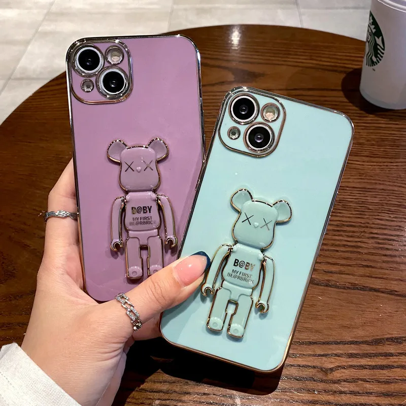 

Plating Cartoon Dog Holder Stand Phone Case For Apple iPhone 14 13 12 11 ProMax 7 8 Plus XS MAX XR SE 2020 Camera Len Back Cover