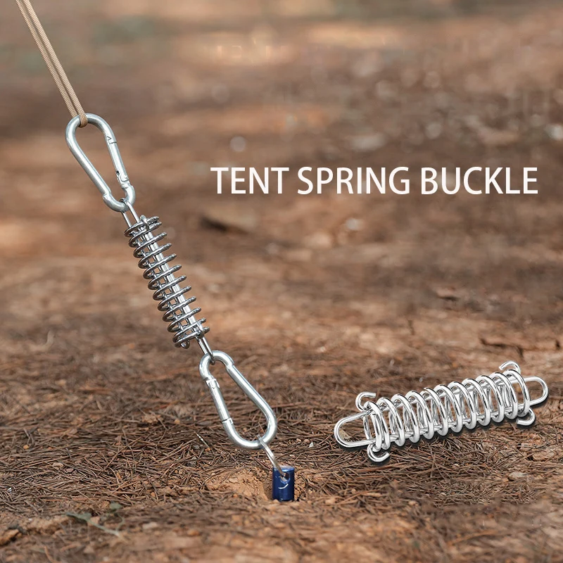 10Pcs/set Tent Wind Rope Spring Buckle Camping Deck Pegs with Carabiner Clips Awning Stainless Steel Spring Buckle Fixed Hook