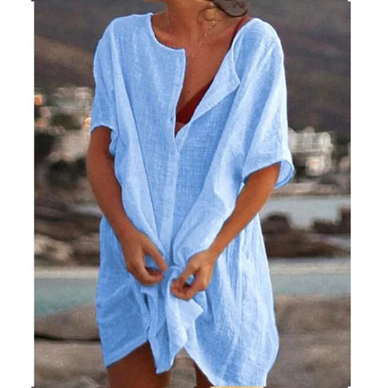 

Summer Solid Color Loose Casual Shirt Women Short Sleeve Cotton Linen All Match Blouse Female Oversized Sexy Chic Femme Clothes