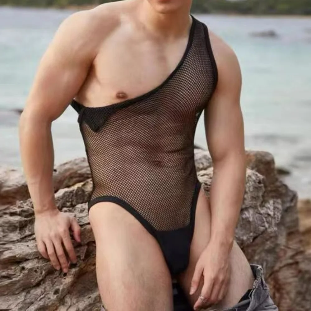 Sexy Breathable Mesh  Mens Lingerie Through Bodysuit Wrestling Singlet Jumpsuit Sleeveless Vest PajamaTemptation Flirting