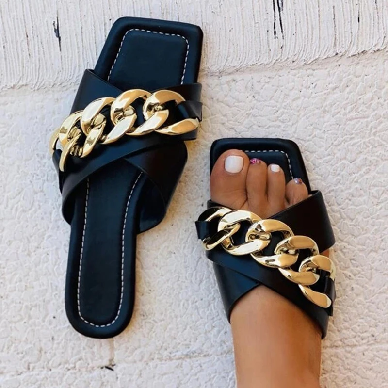 

Cross Chain Design Women Slippers Flat Bottom Non-slip Outdoor Beach Woman Sandals Soft Comfortable Summer Fashion Female Shoes