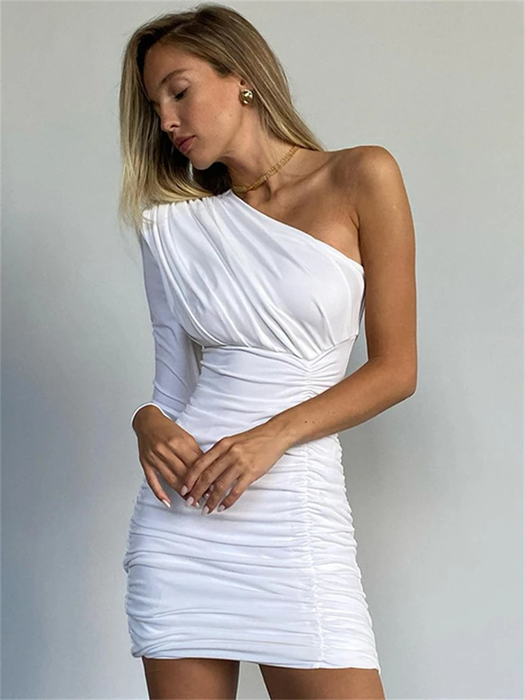 

WJFZQM 2022 Autumn Elegant Sexy Slim Mini Prom Dress Fashion One Shoulder Long Sleeve Solid Draped Bodycon Wedding Party Dress