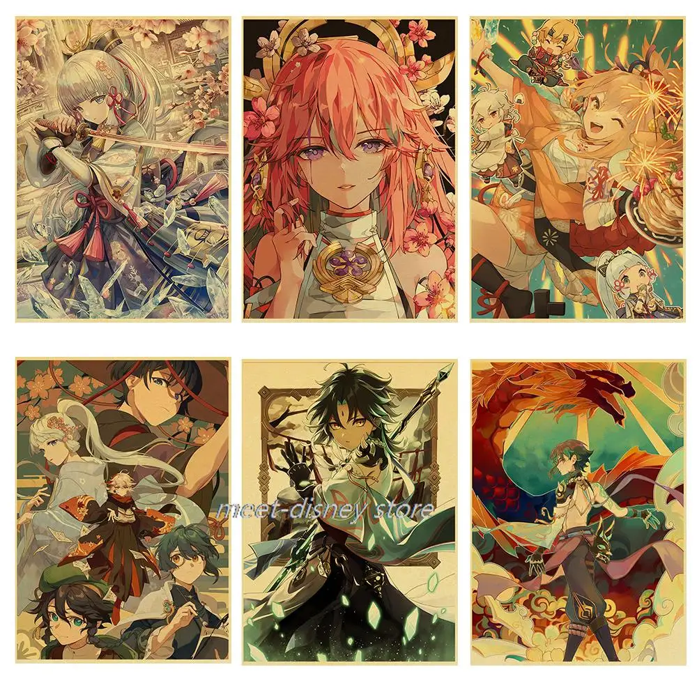 Популярная игра постеры Genshin Impact мультфильм крафт-бумага декор для комнаты