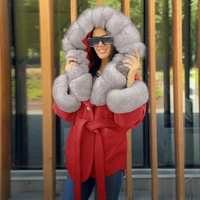 2021 wool coat women faux fox fur collar cashmere wool blends long jackets ladies lace up big fur collar coat casual belt jacket