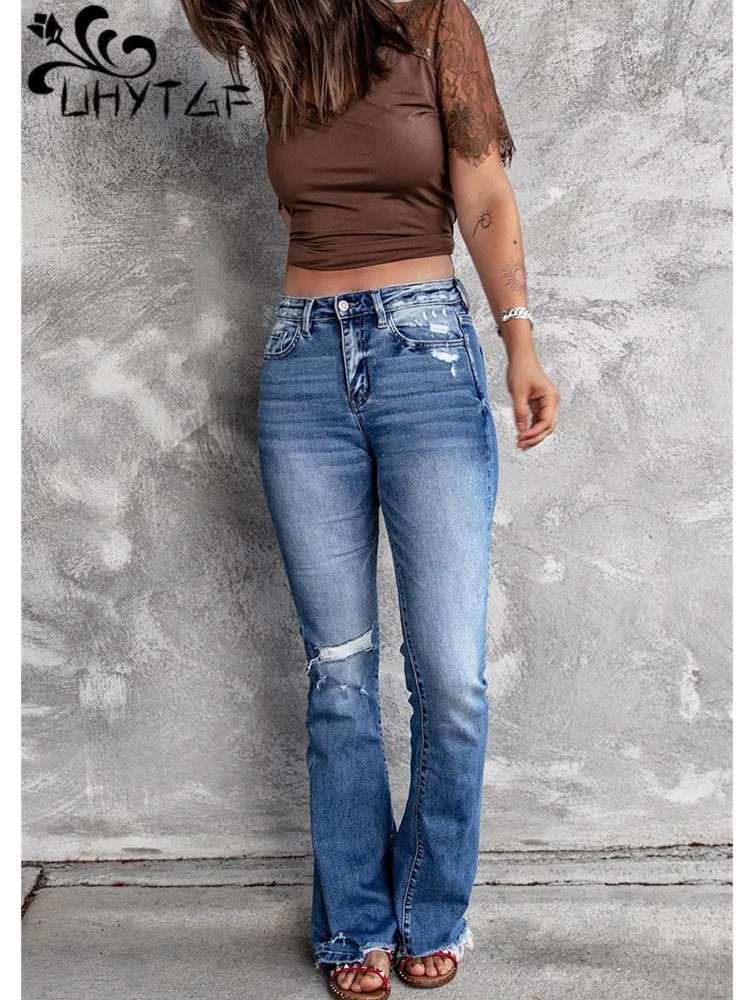 UHYTGF Spring And Autumn Jeans Women's Ripped Micro Flare Pants High Waist Retro Elastic Force Slim New Women's Jeans 23