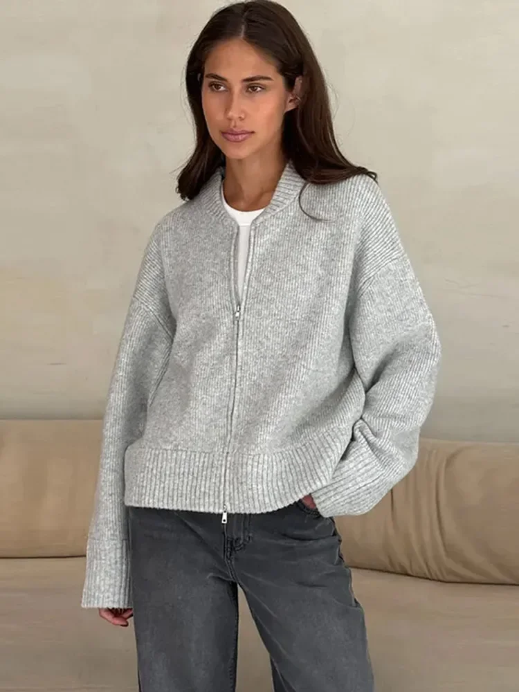 Женская модная вязаная куртка на молнии элегантный однотонный повседневный