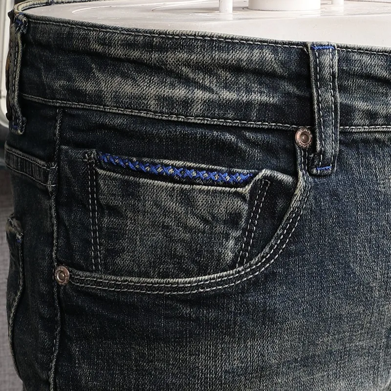 Fashion Trendy Men Jeans Retro Washed Blue Elastic Stretch Slim Fit Ripped Jeans Men Printed Designer Vintage Denim Pants Hombre