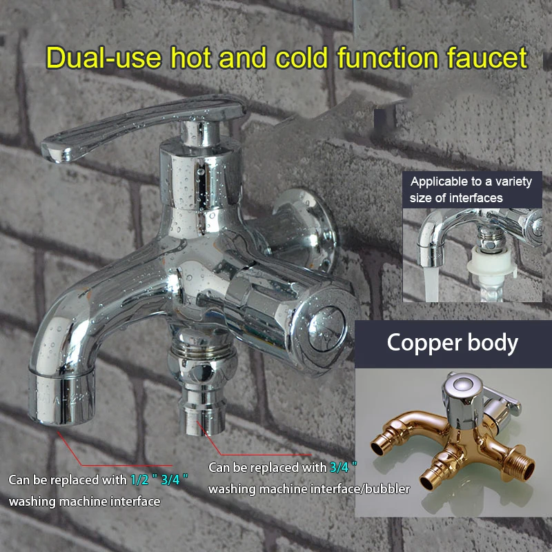 

1Pcs Dual-use Function 1 in 2 out Faucet Washing Machine Mop Pool Faucet Wall Mount Copper Faucet 1/2" 3/4" Thread