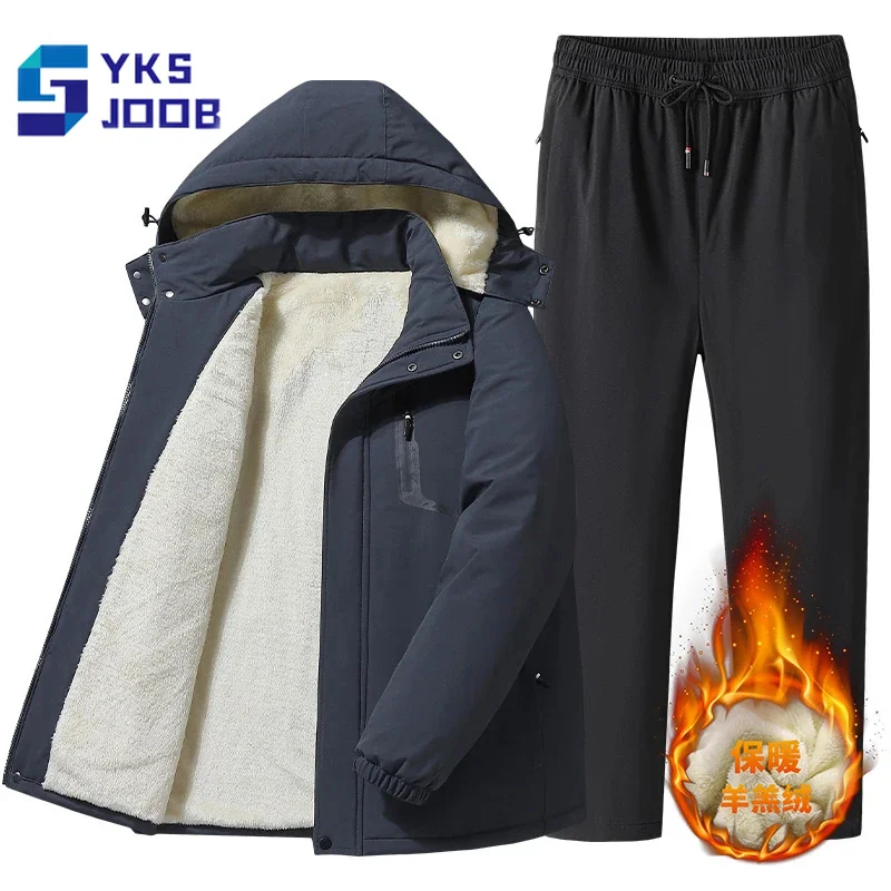 

Спортивный костюм мужской с капюшоном, утепленная флисовая куртка и брюки из овечьей шерсти, деловой повседневный костюм из двух предметов, зимняя спортивная одежда