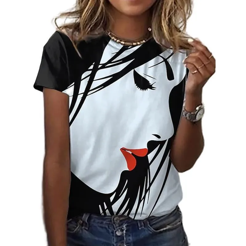 

2022 Nieuwe Zomer Vrouwen Gezicht Art Print Korte Mouw Top Streetwear Grafische Tee 3D Gedrukt Casual Shirt Losse