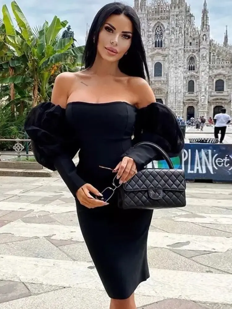 

Ailigou 2022 New Women Off Shoulder Black Bandage Dress Sexy Lace Long Lantern Sleeves Club Celebrity Runway Party Body Dress