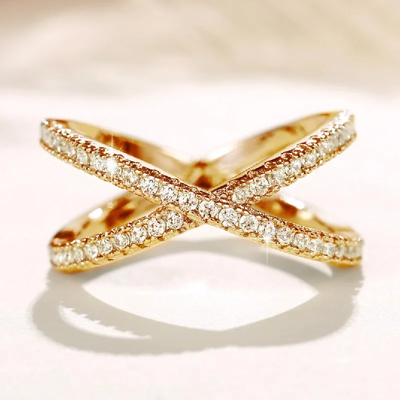 

Huitan Fashion Cross Finger Rings for Women 3 Metal Colors Paved Dazzling Cubic Zirconia Simple Stylish Female Rings Hot Jewelry