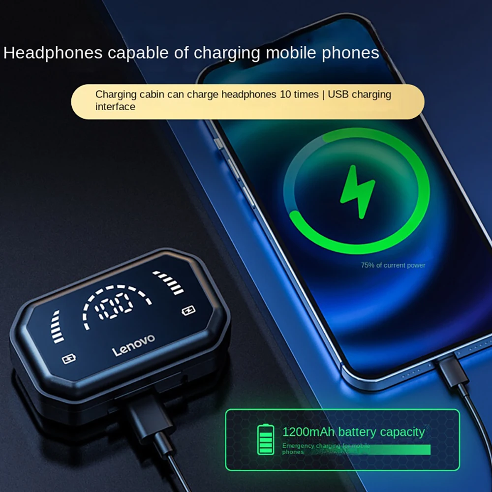 Фото Беспроводные Bluetooth-наушники Lenovo LP3 Pro TWS с низкой задержкой и долгим сроком службы, водонепроницаемая Спортивная гарнитура с тремя дисплеями мощности №5