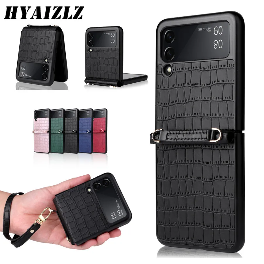 

Leather Case with Lanyard Protect Cover for Galaxy Z Flip 4 3 5g Fashion Crocodile Pattern SM-F7210 SM-F7110 Ultra Slim Coque