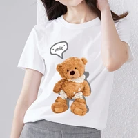 summer womens personality teddy bear printed casual o neck ladies t shirt all match soft short sleeve commuter top streetwear