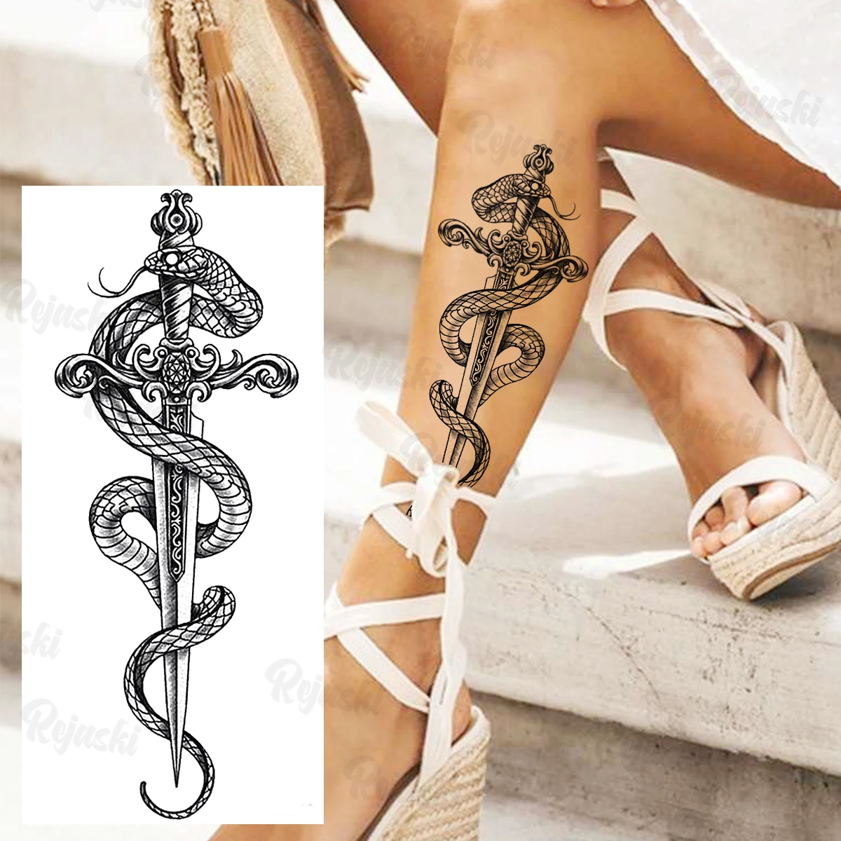 Black Serpent Temporary Tattoos For Women Girls Realistic Snake Sword Rose Flower Fake Tattoo Sticker Arm Leg Tatoos Waterproof |